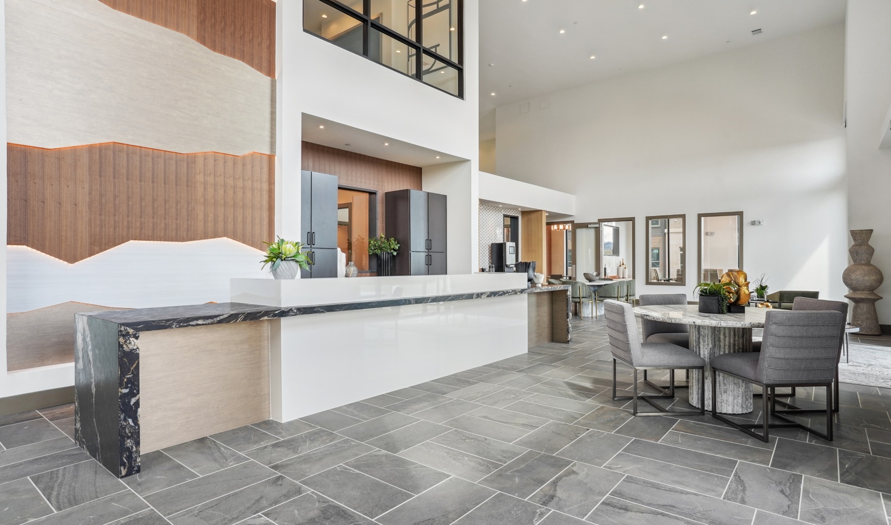 Lobby with desk and seating area